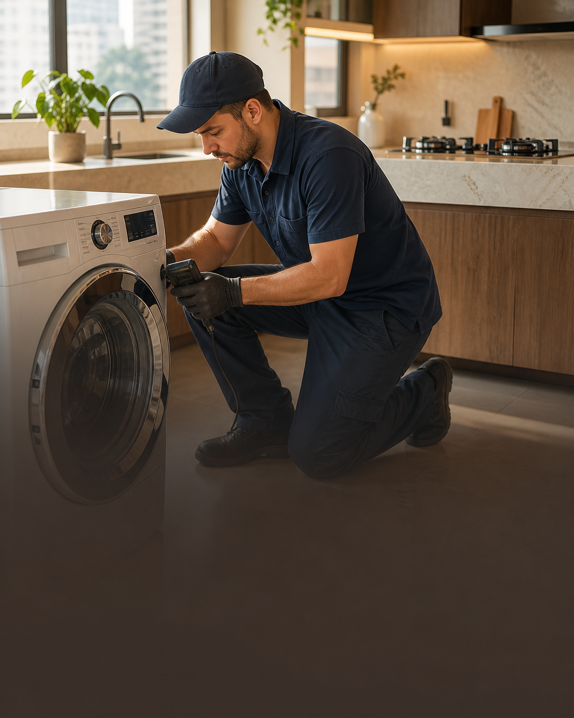 Técnico da assistência avaliando uma máquina de lavar em apartamento moderno