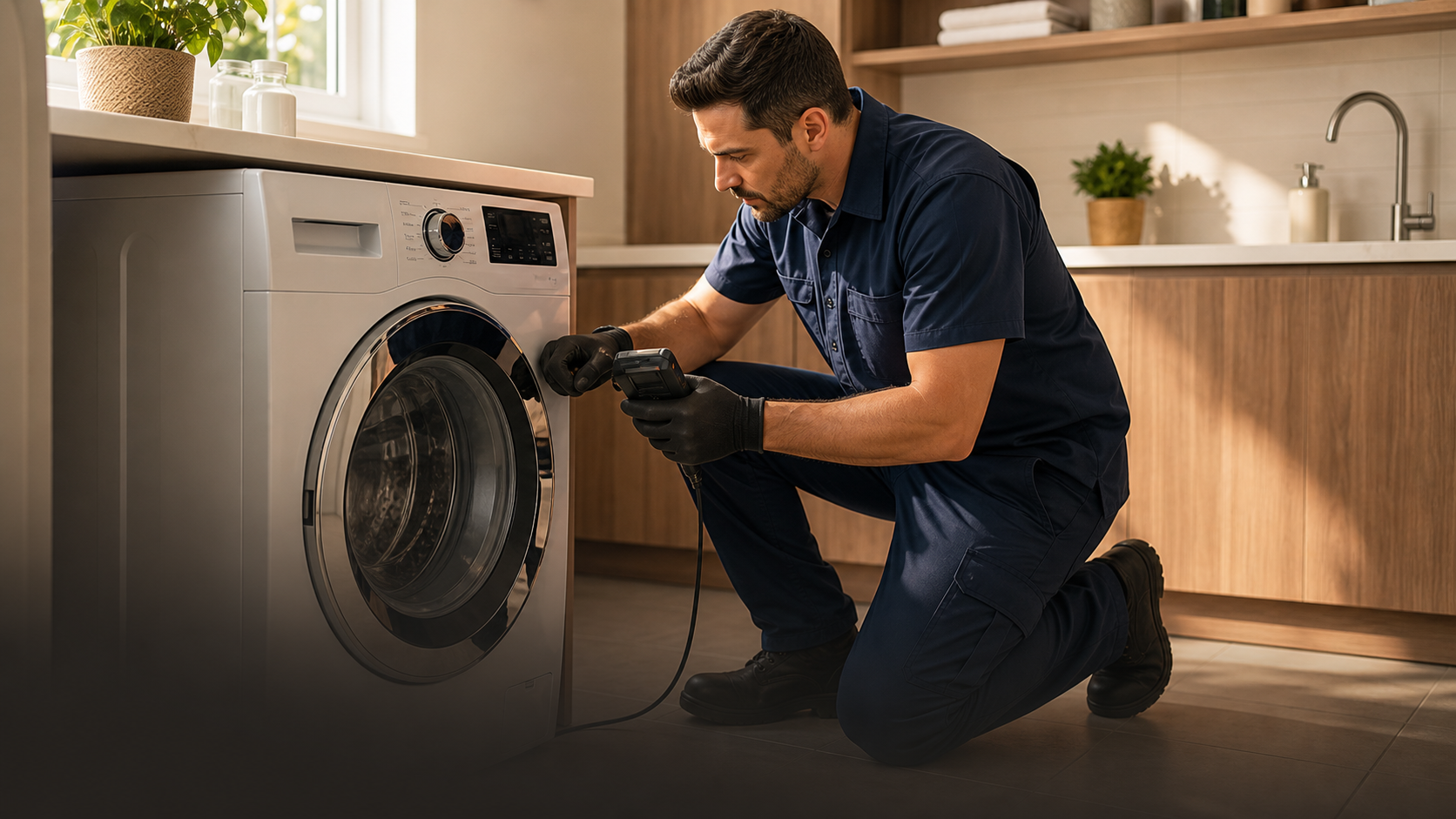 Técnico da Fix Eletros avaliando eletrodoméstico em atendimento residencial